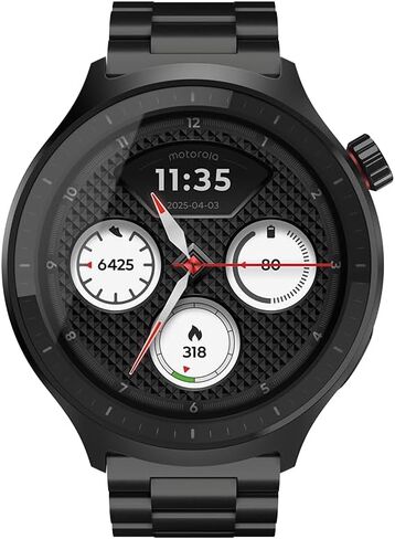 Motorola Moto Watch, OLED 1.4" Display, Bluetooth 5.3, Moto AI, Round, Black Stainless Steel Band, Built-in GPS, Waterproof, for Android Devices (Black) in Kuwait
