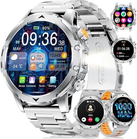FITFLEX Military Smart Watches for Men with Answer/Make Call, 1.53“ HD Smart Watch with 1000 mAh Battery/LED Torch/120+Sports/Waterproof IP68, Watch for Men Compatible with Android/iOS(Silver) in Kuwait