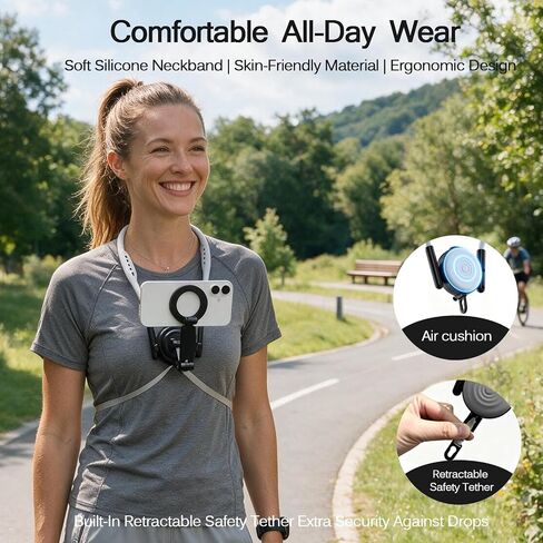 MagSafe Neck Phone Holder, Hands-Free Phone Mount with Adjustable Neckband, 360° Rotating Magnetic Phone Holder for iPhone 16/15/14/13/12 Series, Vlogging, Recording, Cycling, Travel & Live Streaming in Kuwait