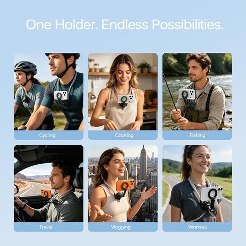 MagSafe Neck Phone Holder, Hands-Free Phone Mount with Adjustable Neckband, 360° Rotating Magnetic Phone Holder for iPhone 16/15/14/13/12 Series, Vlogging, Recording, Cycling, Travel & Live Streaming in Kuwait
