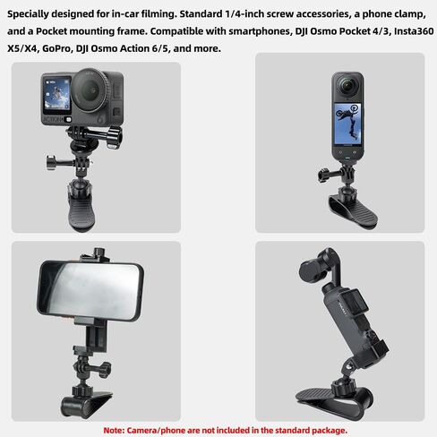 Car Visor Camera Mount for DJI Osmo Pocket 4/3/Gpro/DJI osmo Action/iPhone, 360° Adjustable Dashboard Install Clip Holder, Vlog Kit for Driving POV Videos, Road Recording, and Rear Seat Shooting in Kuwait