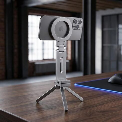 Magnetic Phone Stand, 360° Rotating Foldable Poatable Electronic Device Mount, for Vlogging, Live Streaming, Desk & Travel,Silvery in Kuwait