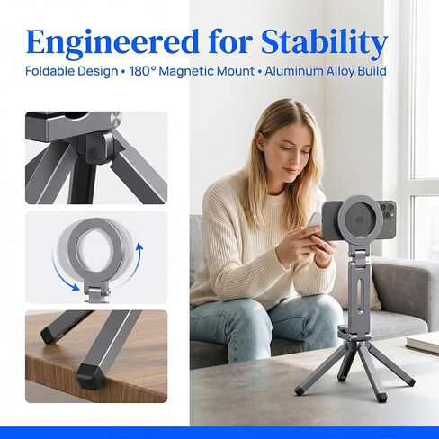 Magnetic Phone Stand, 360° Rotating Foldable Poatable Electronic Device Mount, for Vlogging, Live Streaming, Desk & Travel,Silvery in Kuwait