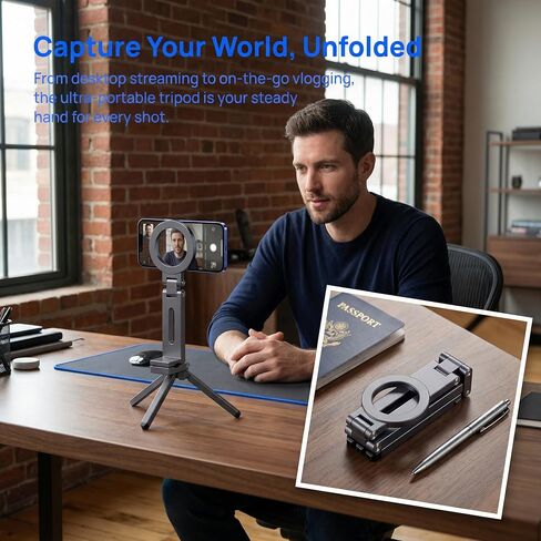 Magnetic Phone Stand, 360° Rotating Foldable Poatable Electronic Device Mount, for Vlogging, Live Streaming, Desk & Travel,Silvery in Kuwait