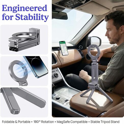 Magnetic Phone Stand, 360° Rotating Foldable Poatable Electronic Device Mount, for Vlogging, Live Streaming, Desk & Travel,Silvery in Kuwait