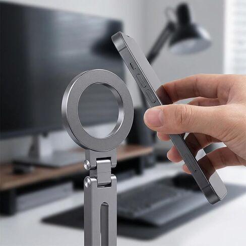 Magnetic Phone Stand, 360° Rotating Foldable Poatable Electronic Device Mount, for Vlogging, Live Streaming, Desk & Travel,Silvery in Kuwait