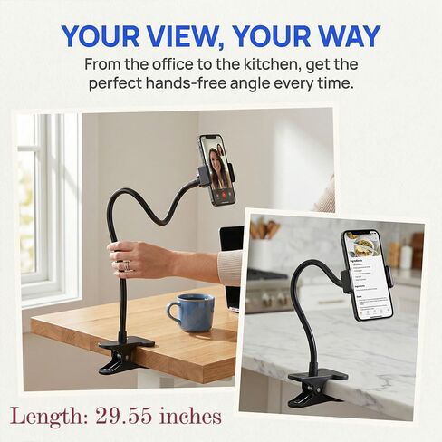 Heavy-Duty Adjustable Gooseneck Phone Holder with 360° Rotating Arm & S/Z Curve Design - 74.93cm Flexible Bed/Table/Car/Multi-Use Stand, Sturdy Clamp for Smartphones, Tablets, E-Readers in Kuwait