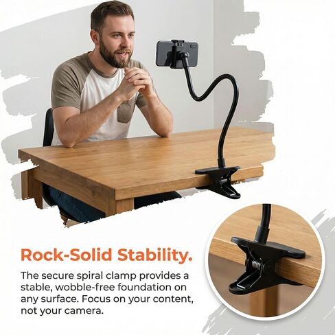 Heavy-Duty Adjustable Gooseneck Phone Holder with 360° Rotating Arm & S/Z Curve Design - 74.93cm Flexible Bed/Table/Car/Multi-Use Stand, Sturdy Clamp for Smartphones, Tablets, E-Readers in Kuwait