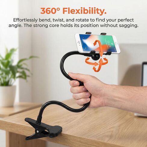 Heavy-Duty Adjustable Gooseneck Phone Holder with 360° Rotating Arm & S/Z Curve Design - 74.93cm Flexible Bed/Table/Car/Multi-Use Stand, Sturdy Clamp for Smartphones, Tablets, E-Readers in Kuwait