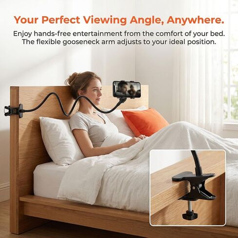 Heavy-Duty Adjustable Gooseneck Phone Holder with 360° Rotating Arm & S/Z Curve Design - 74.93cm Flexible Bed/Table/Car/Multi-Use Stand, Sturdy Clamp for Smartphones, Tablets, E-Readers in Kuwait