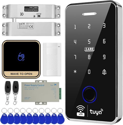 WiFi TUYA Security Access Control System Kit: Waterproof, Fingerprint, Password, RFID Keyboard Lock, 600lb Magnetic Lock + ZL Bracket, Smart Remote Door Opener, App WG26 Doorbell, Sensor Switch in Kuwait