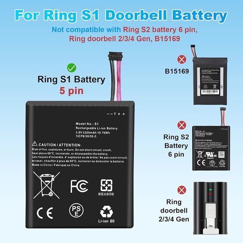 for Ring Doorbell S1 Battery Replacement: for Ring Camera Doorbell Model 2nd Generation (2020 Release) 5UM5E5 Video Doorbells Gen 2 (5 Pin Version ONLY) 5200mAh in Kuwait
