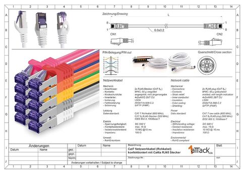 1aTTack.de Cat.7 LAN ethernet Cable 0,25m - 5 Colors Set 03 - Cat7 LAN Network 10GBASE-T - 10000 Mbps (Sftp Pimf) Double Shielded patchcable RJ45 Plug Cat.6a in Saudi Arabia