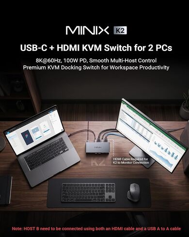 MINIX 8K USB-C+HDMI KVM Switch 1 Monitor 2 Computers for Laptop PC，Aluminum in Saudi Arabia