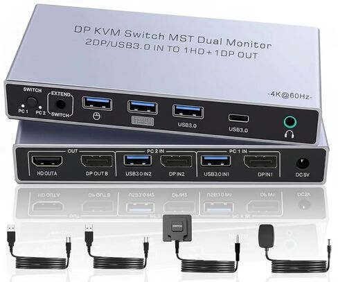 Dual Monitor Displayport KVM Switch 2 Monitors 2 Computers 4K 60Hz HDMI+DP 4 USB3.0 KVM Switcher 2DP in HDMI+DisplayPort Output KVM Switcher for 2 PC Sharing Keyboard Mouse Mic and Audio Output (Gray) in Saudi Arabia