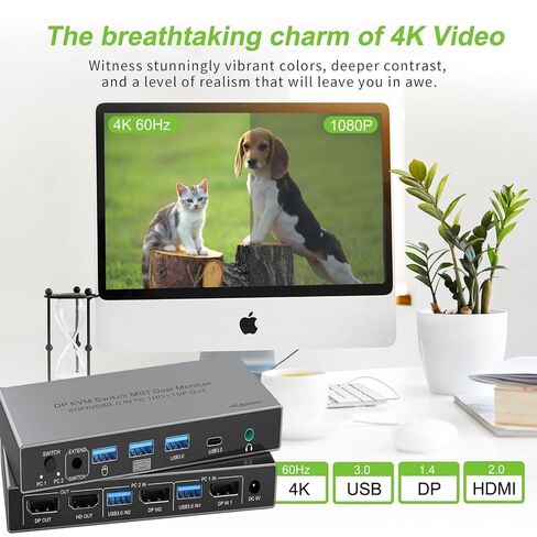 Dual Monitor Displayport KVM Switch 2 Monitors 2 Computers 4K 60Hz HDMI+DP 4 USB3.0 KVM Switcher 2DP in HDMI+DisplayPort Output KVM Switcher for 2 PC Sharing Keyboard Mouse Mic and Audio Output (Gray) in Saudi Arabia