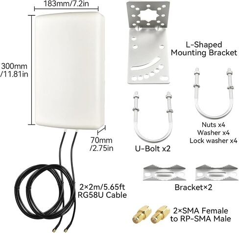 2x2 MIMO 10dBi High Gain Directional Panel Antenna 4G LTE/5G Antenna Outdoor 700-3800MHz for Routers, Modems, Gateways, Fixed Wireless Access – SMA Male 6.56ft RG58U Cables+RP-SMA Male Adapter in Saudi Arabia
