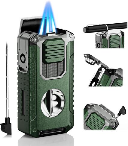 5-in-1 Multifunctional Torch Lighter with Tool, Punch, Holder, and Windproof Triple Jet Flames, Refillable Butane Lighter for Travel, Outdoors, Accessories Gift for Men (Butane Not Included) in Kuwait