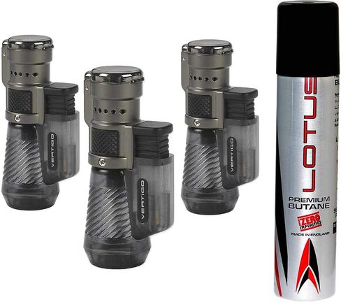 Vertigo Cyclone Triple Torch Cigar Lighter Charcoal or Clear 3 Pack Plus 1 Lotus 90ml Butane Can (Charcoal) in Kuwait