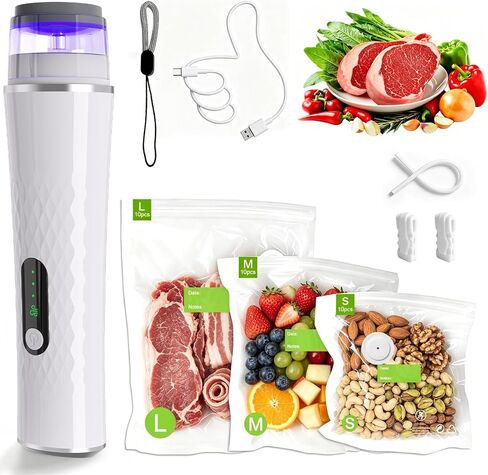 Portable Vacuum Sealer, 65kPa Suction, 1200mAh Rechargeable Vacuum Sealer Machine and 30 Reusable Bags for Freshness Preservation and Reduced Food Waste in Kuwait
