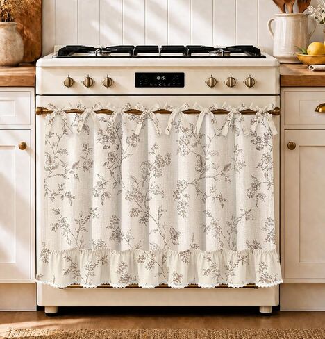 Farmhouse Oven Curtain with Tie Top, Taupe Floral Oven Skirt in Kuwait