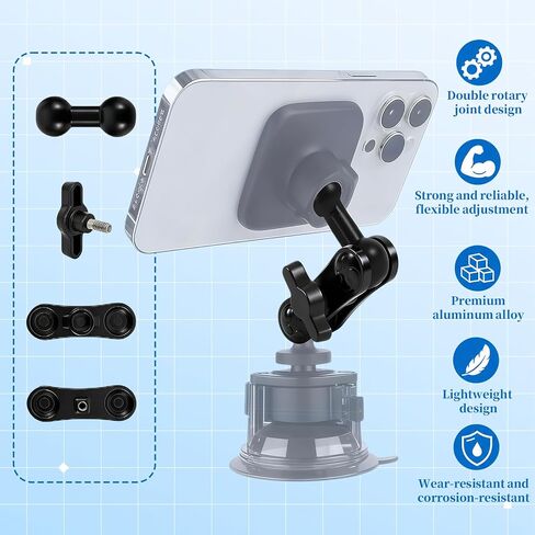 Aluminum 17mm Ball Mount Extension Adapter - 360° Rotation Extension Rod for Car Phone Holder, Air Vent & Dashboard Mount – Double Ball Mounts Arm Bracket Compatible with GPS, Dashcams, Most Mounts in Kuwait