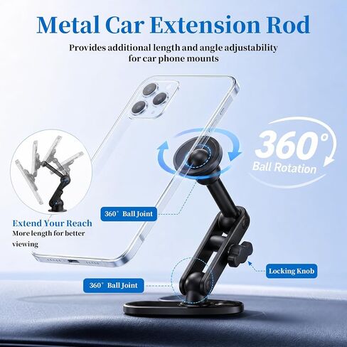 Aluminum 17mm Ball Mount Extension Adapter - 360° Rotation Extension Rod for Car Phone Holder, Air Vent & Dashboard Mount – Double Ball Mounts Arm Bracket Compatible with GPS, Dashcams, Most Mounts in Kuwait