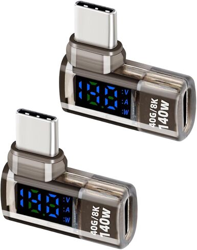 90 Degrees USB C Adapter,140W USB C Male to USB C Female Adapter,40 Gbps Data Transmission,Wattage,Voltage,Current LED Display,Suitable for Laptops,Desktop Computers,Phone (2Pcak) in Kuwait