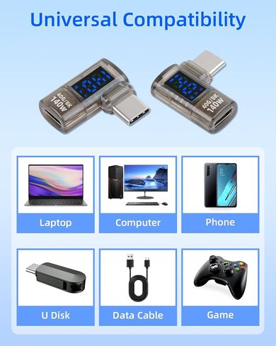 90 Degrees USB C Adapter,140W USB C Male to USB C Female Adapter,40 Gbps Data Transmission,Wattage,Voltage,Current LED Display,Suitable for Laptops,Desktop Computers,Phone (2Pcak) in Kuwait