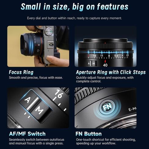 7artisans AF 40mm F2.5 FE, Full-Frame Lens STM Auto Focus Prime Lens with Eye and Facial Detection for E Mount Lens, Suitable for Documentary, Street, Environmental Portraits, and Everyday Photography in Kuwait