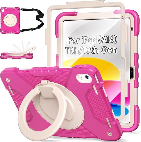 Case for iPad (A16) 11th/10th Generation 11/10.9 Inch 2025/2022 with Screen Protector/360° Rotate Stand/Pencil Holder/Shoulder Strap, Shockproof iPad 11th/10th Gen Cover (Pink+Rose Red) in Kuwait