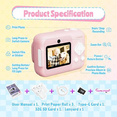 Instant Print Portable Kids Toy Camera, with 32GB SD Card, Pink in Kuwait