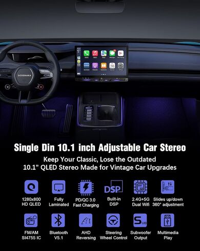 【SOOEMAKA】 Single Din Touchscreen Radio with Wireless Apple Carplay&Android Auto,10 inch QLED car Stereo with Fast Charge(QC/PD 3.0),AHD Reversing,DSP,Siri and Android Voice Control,SWC,EQ (Knob) in Kuwait