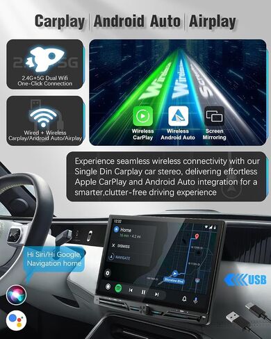 【SOOEMAKA】 Single Din Touchscreen Radio with Wireless Apple Carplay&Android Auto,10 inch QLED car Stereo with Fast Charge(QC/PD 3.0),AHD Reversing,DSP,Siri and Android Voice Control,SWC,EQ (Knob) in Kuwait