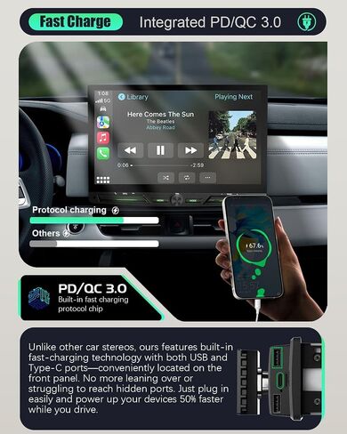 【SOOEMAKA】 Single Din Touchscreen Radio with Wireless Apple Carplay&Android Auto,10 inch QLED car Stereo with Fast Charge(QC/PD 3.0),AHD Reversing,DSP,Siri and Android Voice Control,SWC,EQ (Knob) in Kuwait
