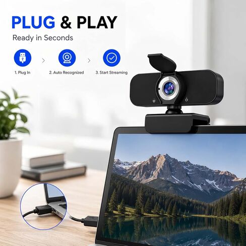 1080P Webcam for PC with Microphone, Privacy Cover & Tripod in Kuwait
