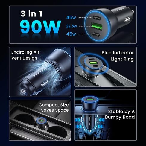 2-Pack 90W USB C Car Charger Multi Ports Adapter Fast Charging for iPhone in Saudi Arabia