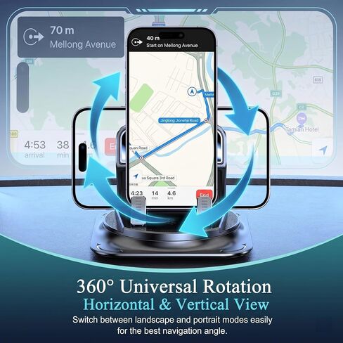 Car Dashboard Phone Holder, 360-degrees Rotating Non-Slip Navigation Mount, Auto-Locking Portable Stand with Self-Adhesive, Universal Wider Bracket for Most Size Smartphones (Black) in Kuwait