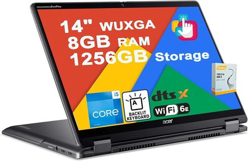 Acer Chromebook Plus Spin 514 2-in-1 Google AI Laptop | 14" WUXGA IPS Touch 100% sRGB | Intel 10-core i5-1334U | 8GB DDR5 1256GB Storage (1TB SSD + 256GB SD Card) | Backlit Type-c w/DLCA Accessory in Kuwait