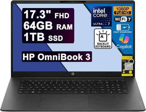 HP OmniBook 3 AI Laptop 17.3" FHD IPS Intel 12-core Ultra 7 255U 32GB RAM 1TB SSD Backlit Type-c WiFi7 for Creator Designer Business Professional Win11 ICP Hub in Kuwait