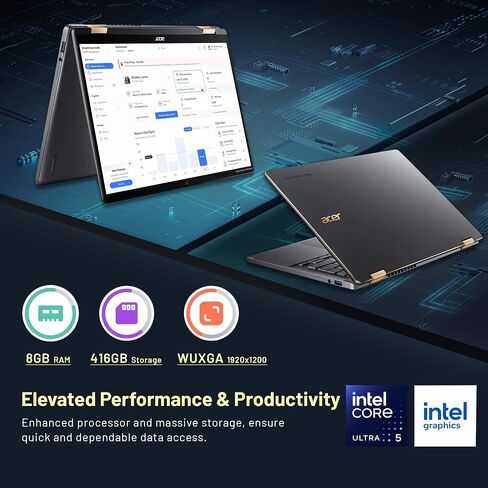 Acer Plus Spin 714 14" WUXGA Touch 2-in-1 Chromebook, Intel Core Ultra 5 115U, 8GB LPDDR5, 416GB Storage(256GB SSD&160GB Dock Station), Intel Graphics, Backlit Keyboard, DTS Audio, Chrome OS, Gray in Kuwait
