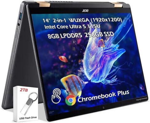 Acer Plus Spin 714 2-in-1 Chromebook,14" WUXGA (1920 x 1200) Touch, Intel Core Ultra 5 115U, Wi-Fi6E, Backlit KB, Bluetooth, Chrome OS, Steel Gray, (8GB LPDDR5 256GB SSD), w/2TB USB Drive, W/GaLiMu in Kuwait