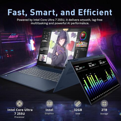 Lenovo Flex IdeaPad 5i 2-in-1 16" WUXGA Touch Laptop, Intel Ultra 7 255U, 32GB LPDDR5X, 2TB Storage(1TB SSD+1TB Docking Station Set), Intel Graphics, Backlit Keyboard, Stylus Pen, Win 11, Blue in Kuwait