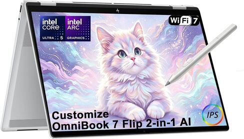 Delca Customized Laptop Made with HP OmniBook 7 Flip 2-in-1 AI Laptop | 16" WUXGA IPS Touchscreen | Intel 8-core Ultra 5 226V (Up to 40 NPU Tops) | 16GB DDR5 256GB/512GB/1TB/2TB SSD Backlit Pen Win11 in Kuwait