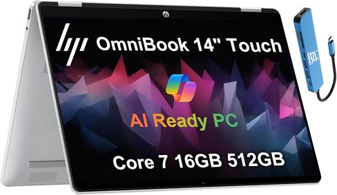 HP OmniBook 5 Flip (Next Gen Envy x360) 2-in-1 Touchscreen AI PC Laptop (14" FHD+, Intel 10-Core 7 150U (> i7 1355U), 16GB DDR5, 512GB SSD) for Designer, IST Hub, 5MP IR Webcam, Win 11 Home in Kuwait