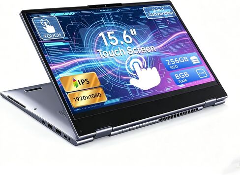 15.6 Inch 2 in 1 Touchscreen Laptop, AMD A9-9400 Notebook Computer with 8GB RAM 256GB SSD, FHD IPS Display, Win11, Dual Band WiFi, USB-C, HDMI, Lightweight Laptop for Home Office in Kuwait