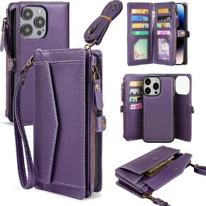 for iPhone 13 Pro Wallet Case for Women, Support Wireless Charging with RFID Blocking Card Holder, PU Leather Wallet Detachable Magnetic Phone Case Crossbody Strap, Purple in Kuwait