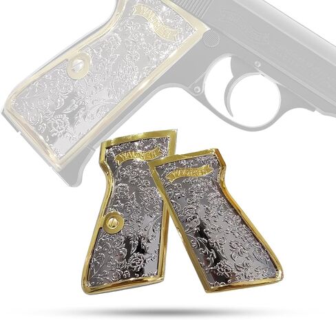 Custom Metal Grips for Walther PPK & PPK-S, Scroll Engraved Grip Panels with Polished Nickel Gold Finish, Precision Machined Metal Design, Collector-Grade Aesthetic, Matching Screw Included in Kuwait