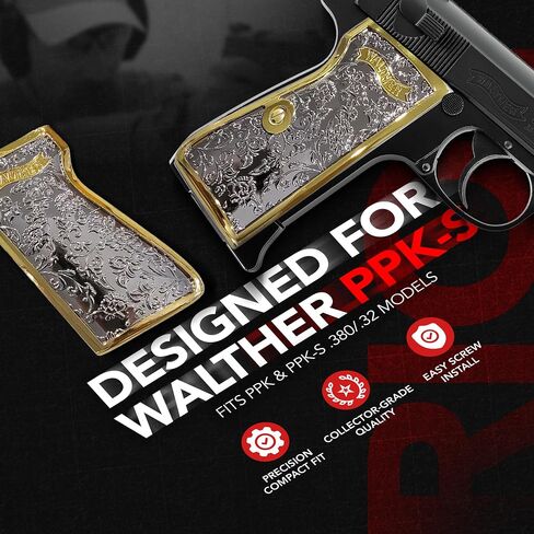 Custom Metal Grips for Walther PPK & PPK-S, Scroll Engraved Grip Panels with Polished Nickel Gold Finish, Precision Machined Metal Design, Collector-Grade Aesthetic, Matching Screw Included in Kuwait