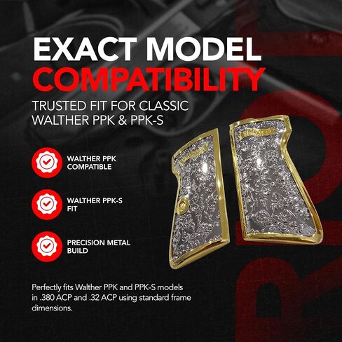 Custom Metal Grips for Walther PPK & PPK-S, Scroll Engraved Grip Panels with Polished Nickel Gold Finish, Precision Machined Metal Design, Collector-Grade Aesthetic, Matching Screw Included in Kuwait